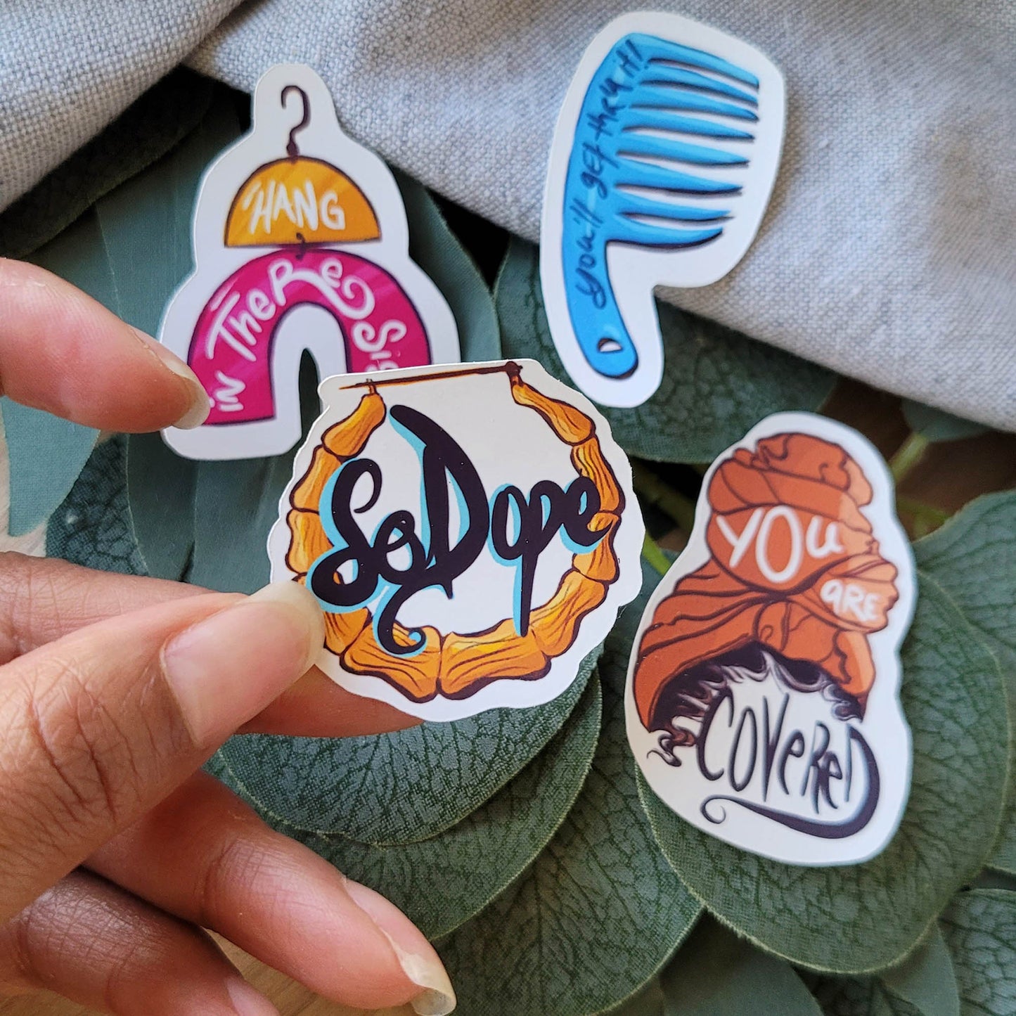 so dope gold bamboo hoop earrings, headwrap, natural hair art sticker pack by Virginia illustrator Gigi Moore from the MoGigi Classy Kinks Collection. Available on mogigi.shop art shopify store