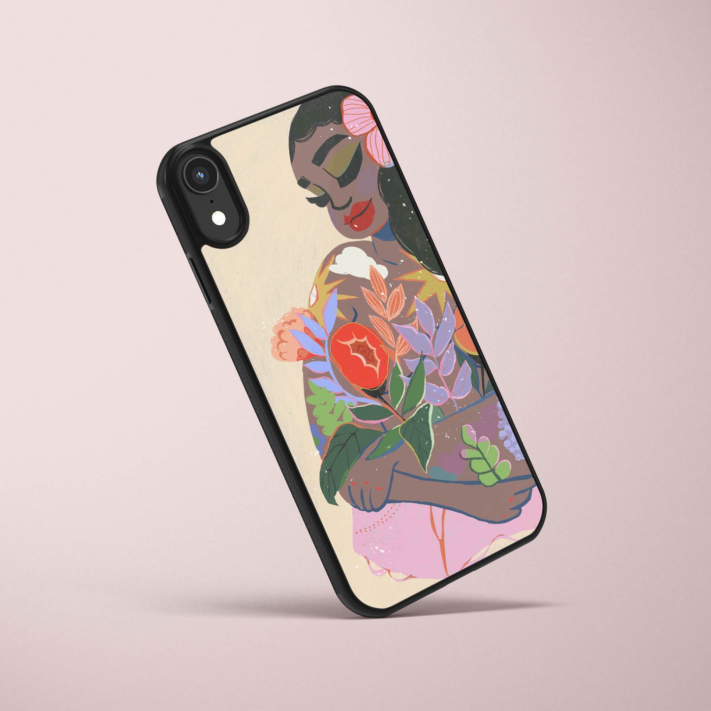 bouquet skin phone case illustration by mogigi.com black woman holding flowers, florals, botanicals. pinks, yellows, blues, red. iphone and samsung mobile phone cases