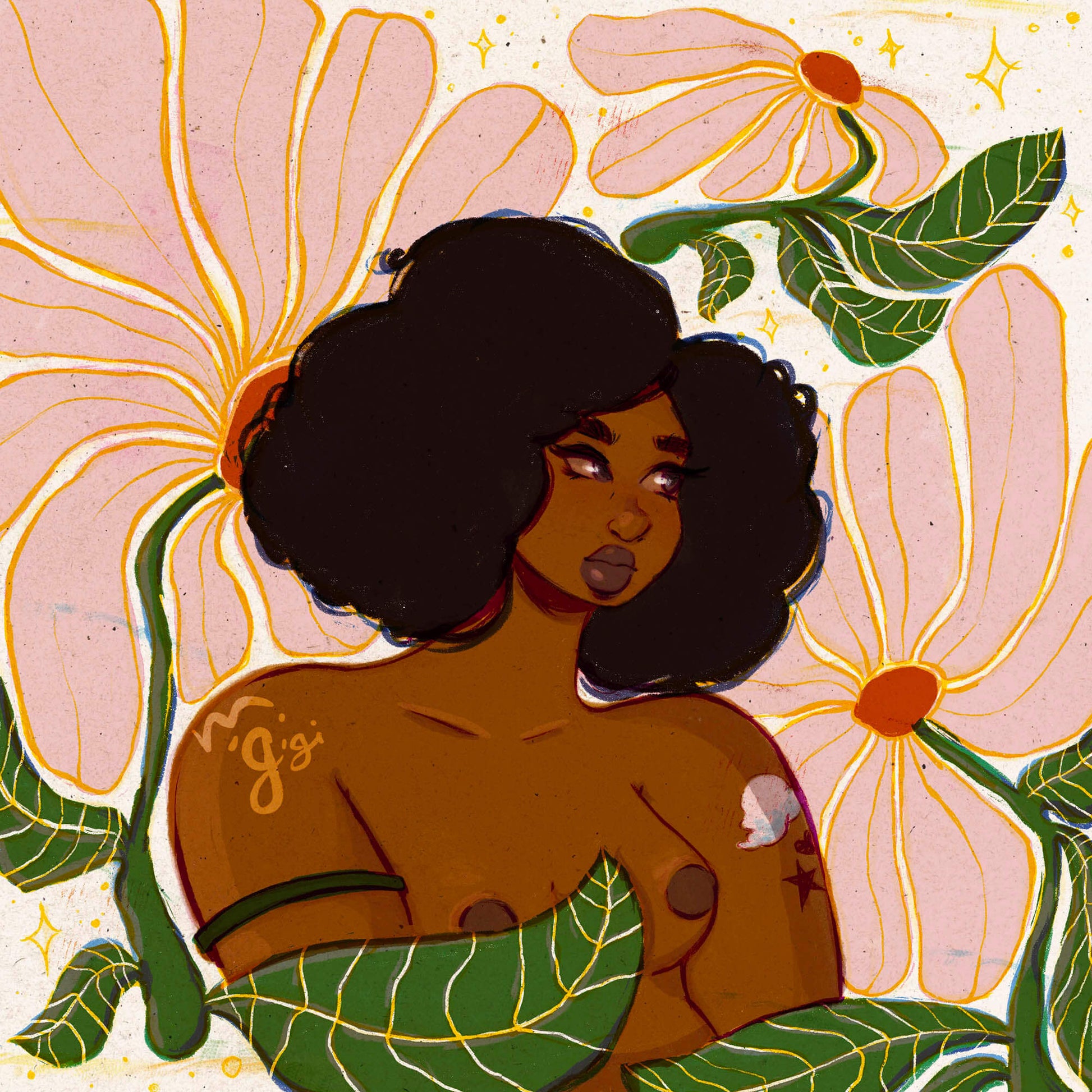 black woman art print illustration of a brown skin curvy, full-figured woman with an afro. surrounded my large daisy flowers and sparkles. done in a riso print style using brushes fro retro supply co. Illustrated by Gigi Moore of Mogigi.