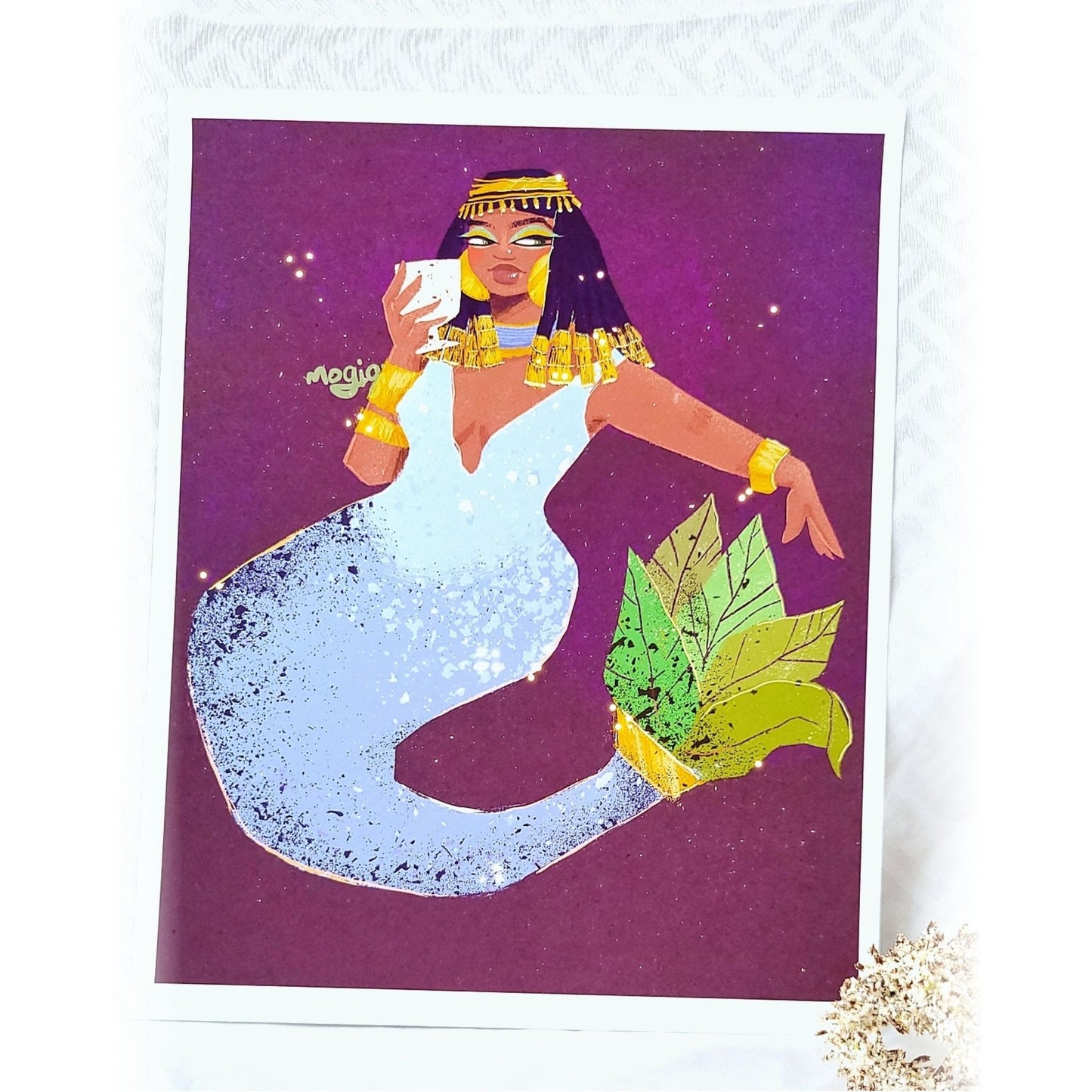 Egyptian mermaid art print, african american woman art, black woman art, art by black artists, illustration, character design by Gigi Moore Virginia illustrator mogigi.com mogigi.shop, historical era artwork, dopamine home wall decor