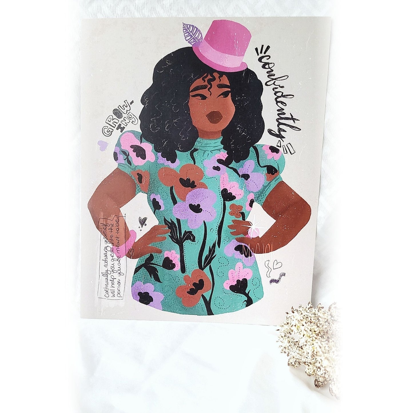 growing confidently, black women art, fashion illustration, flower pattern dress, stylish art for living room, wall decor, buy art decor, mogigi.shop
