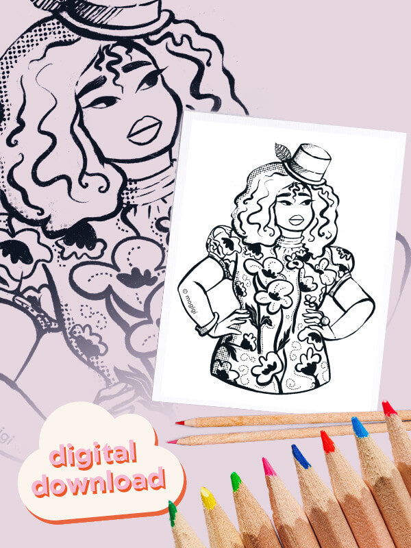 empowering black woman instant digital coloring page for adults MoGigi, art by black artist Gigi Moore from Norfolk, Virginia, Portsmouth, Chesapeake, Suffolk, Virginia Beach illustrator, designer, black women art, line art coloring pages for all, digital instant downloads, mogigi art Shopify shop