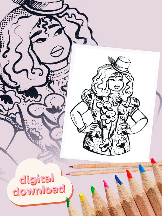 empowering black woman instant digital coloring page for adults MoGigi, art by black artist Gigi Moore from Norfolk, Virginia, Portsmouth, Chesapeake, Suffolk, Virginia Beach illustrator, designer, black women art, line art coloring pages for all, digital instant downloads, mogigi art Shopify shop