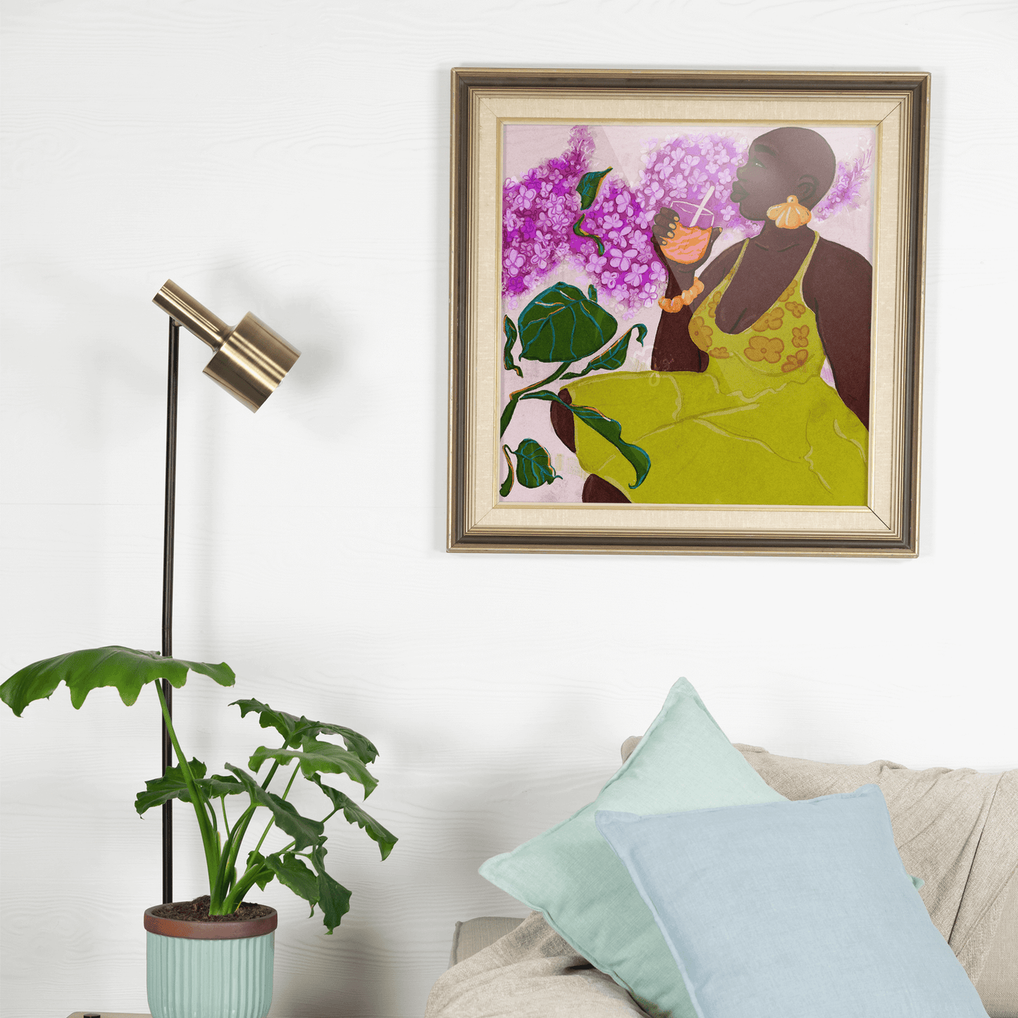dress up your walls with this elegant natural black beauty. African American art print of woman in summery floral sundress against lavender flowers. MoGigi™