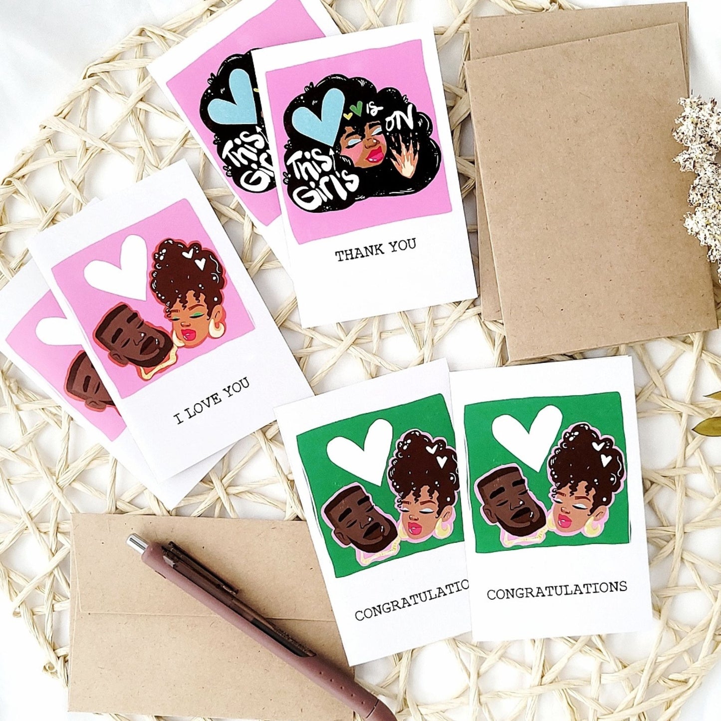 greeting card assorted set for anniversary, birthday, thank you, all occasions, illustrations of black men and women character designs, stationery by Gigi Moore mogigi.shop