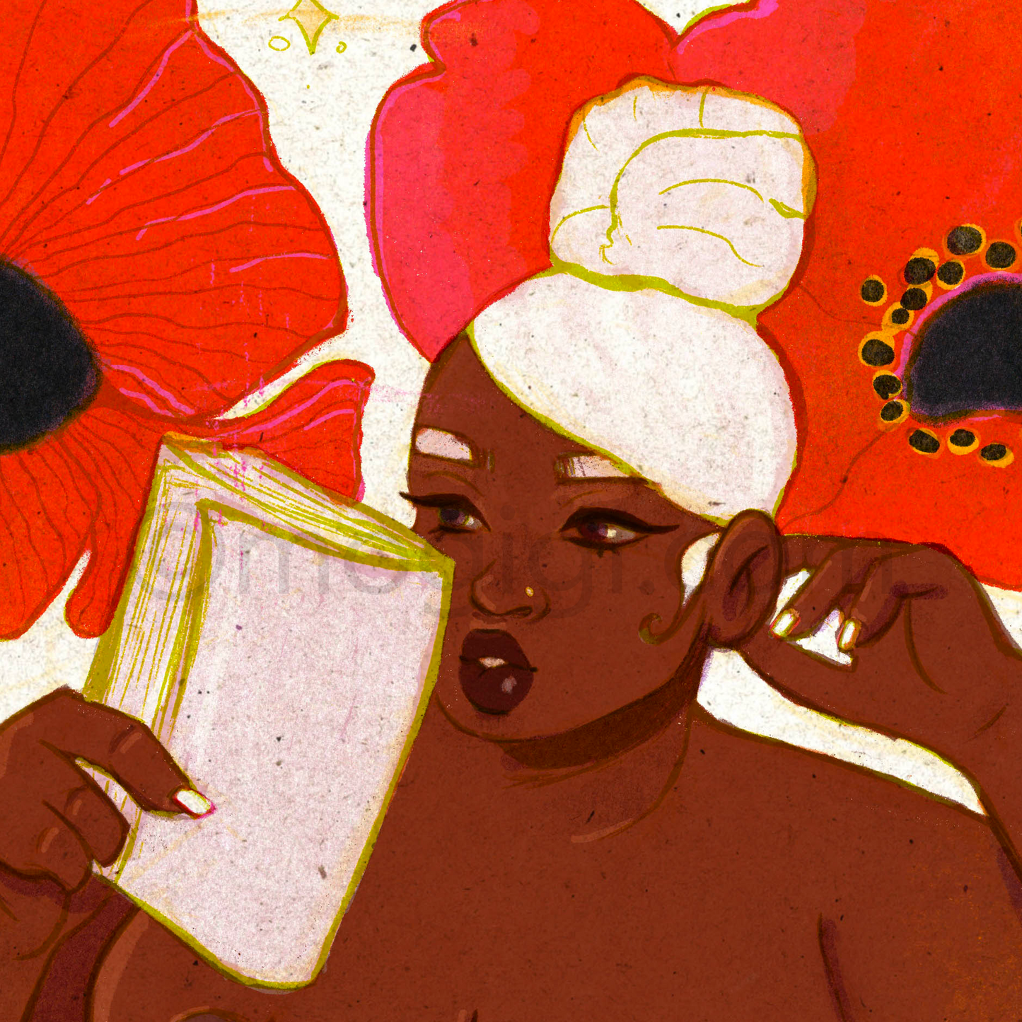 poppy reader black woman floral art print, black women luxury, african american woman art, buy black art, reds, muted browns creams dopamine home decor flowers, bohemian, riso print style, retro inspired feminine, female figure art by Gigi Moore virginia artist mogigi.shop, mogigi.com