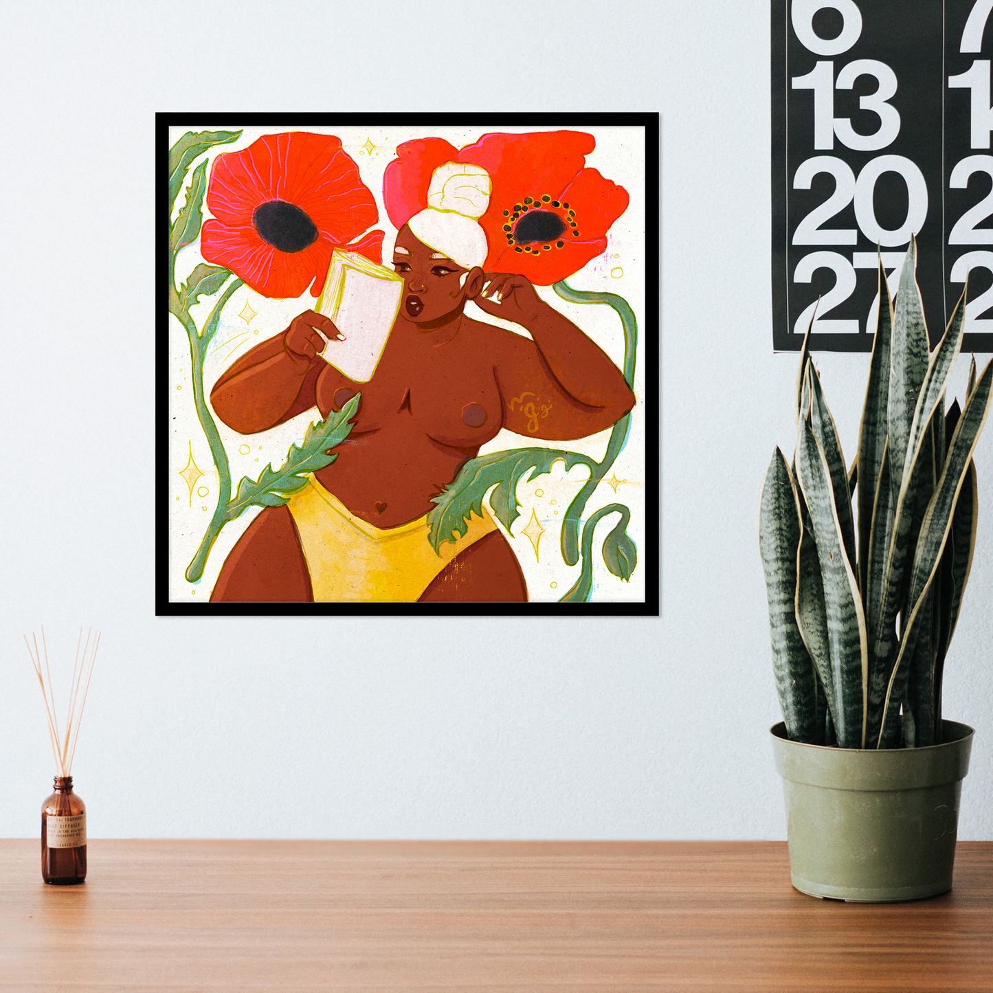 poppy reader black woman floral art print, black women luxury, african american woman art, buy black art, red neutral muted brown flowers, bohemian, riso print style, retro inspired feminine, female figure art by Gigi Moore virginia artist mogigi.shop, mogigi.com