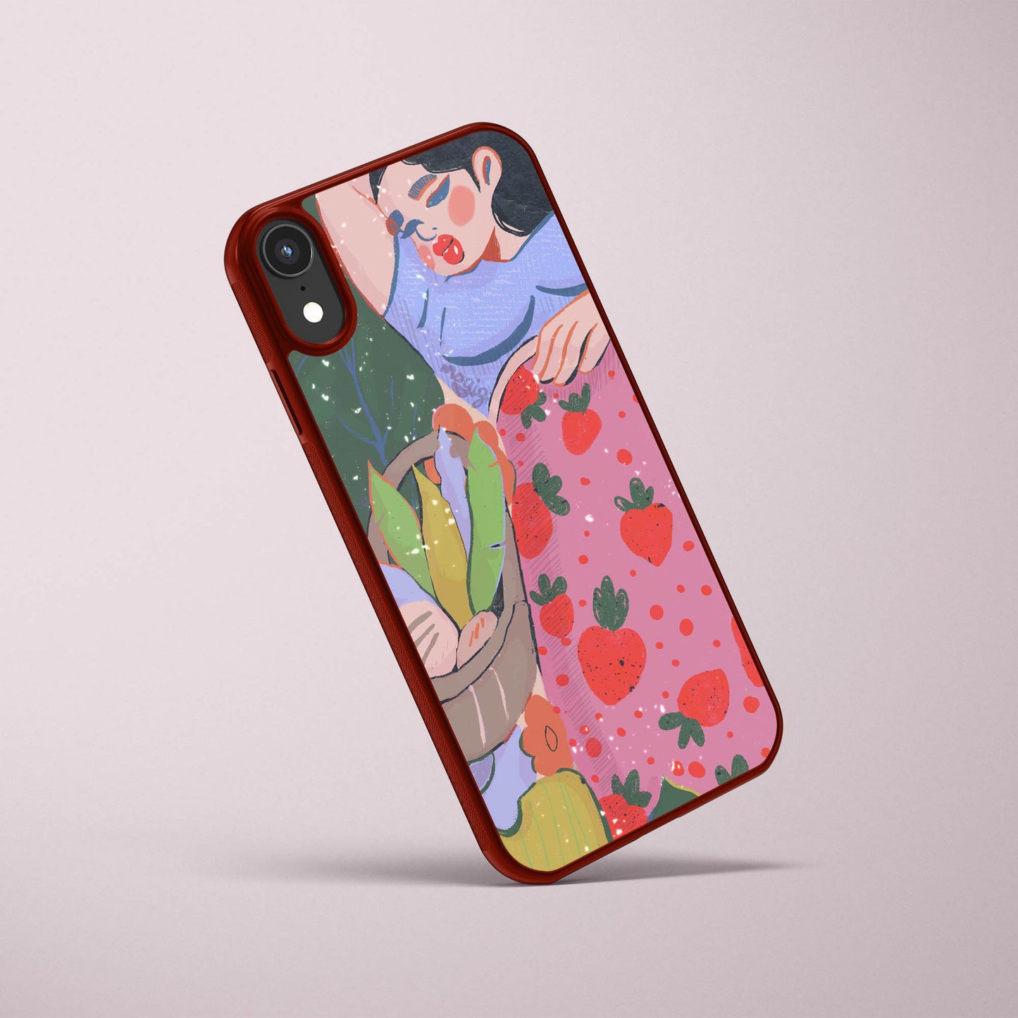 strawberry picnic illustration mogigi.com gigi moore. girl sleeping in field of plants wearing blue top and pink and red strawberry patterned skirt. iphone and samsung phone cases.