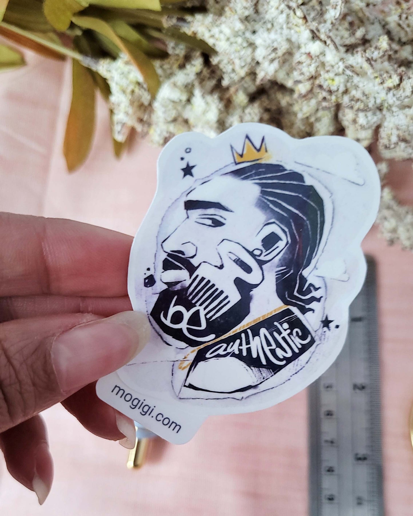 confident African American man in captivating black and white hues, accented with touches of empowering gold, Be Authentic Holographic Sticker, illustration by Virginia Artist Gigi Moore, owner of mogigi, shopify art store