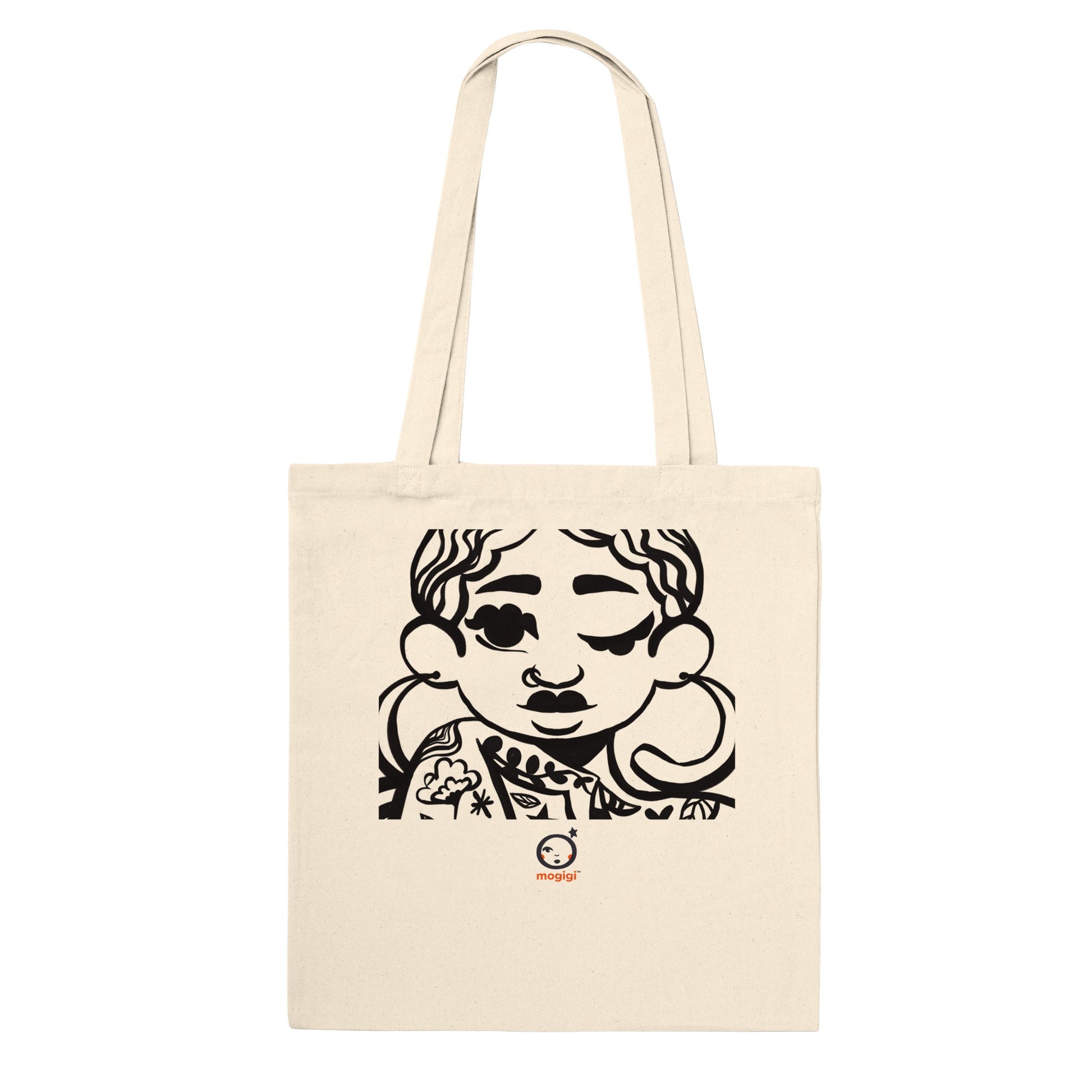 Enchanted lady cropped line art design one side of tote bag