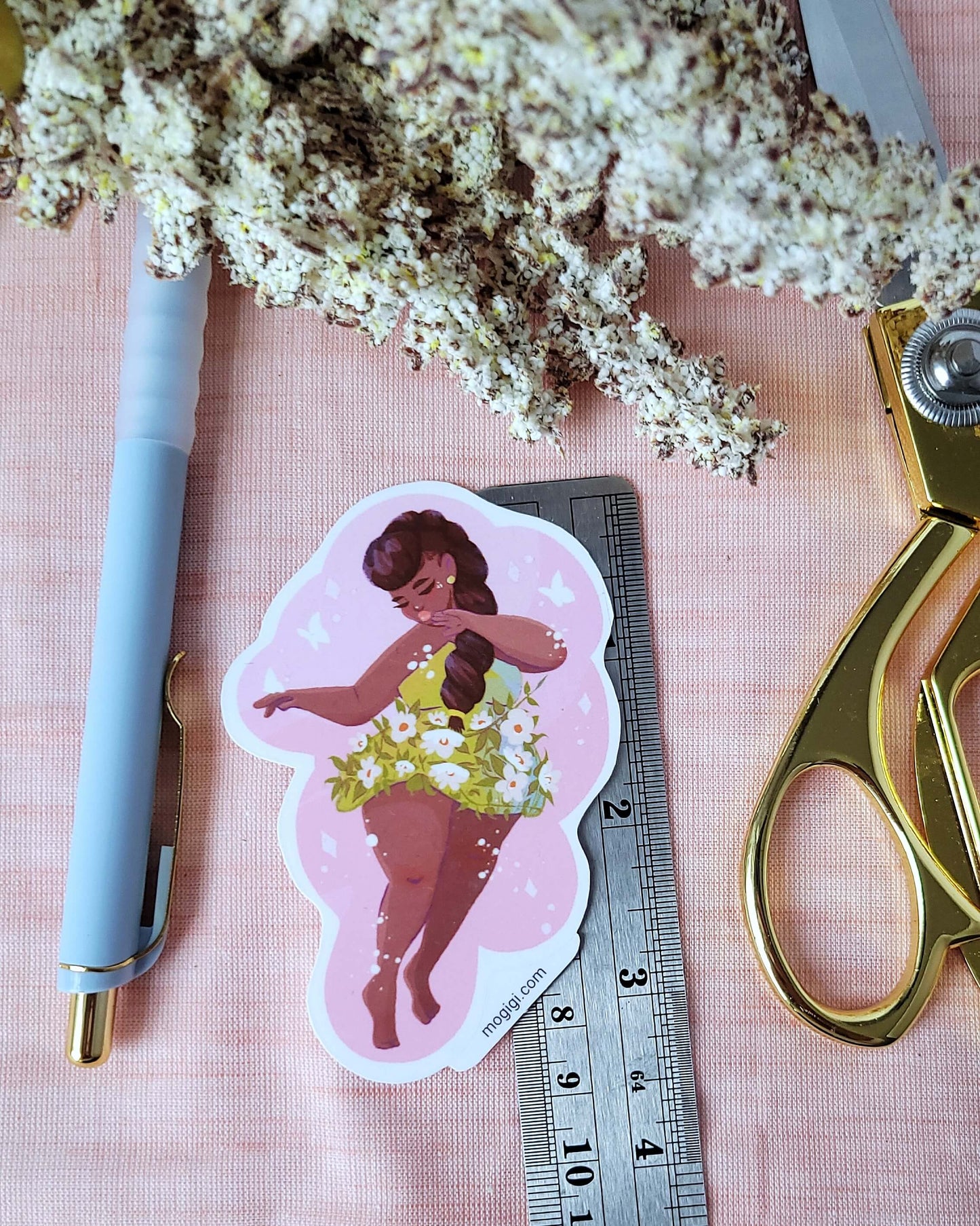 floral spring dress black girl art sticker, african american art, afro natural hair art, black woman luxury, flowers and butterflies stickers, art by Virginia based illustrator Gigi Moore, small business owner of MoGigi, shopify art store, unique waterproof vinyl die cut decals for hydro flask, phone cases, crafting, gift bags, greeting cards, and more. home paper goods, stationery