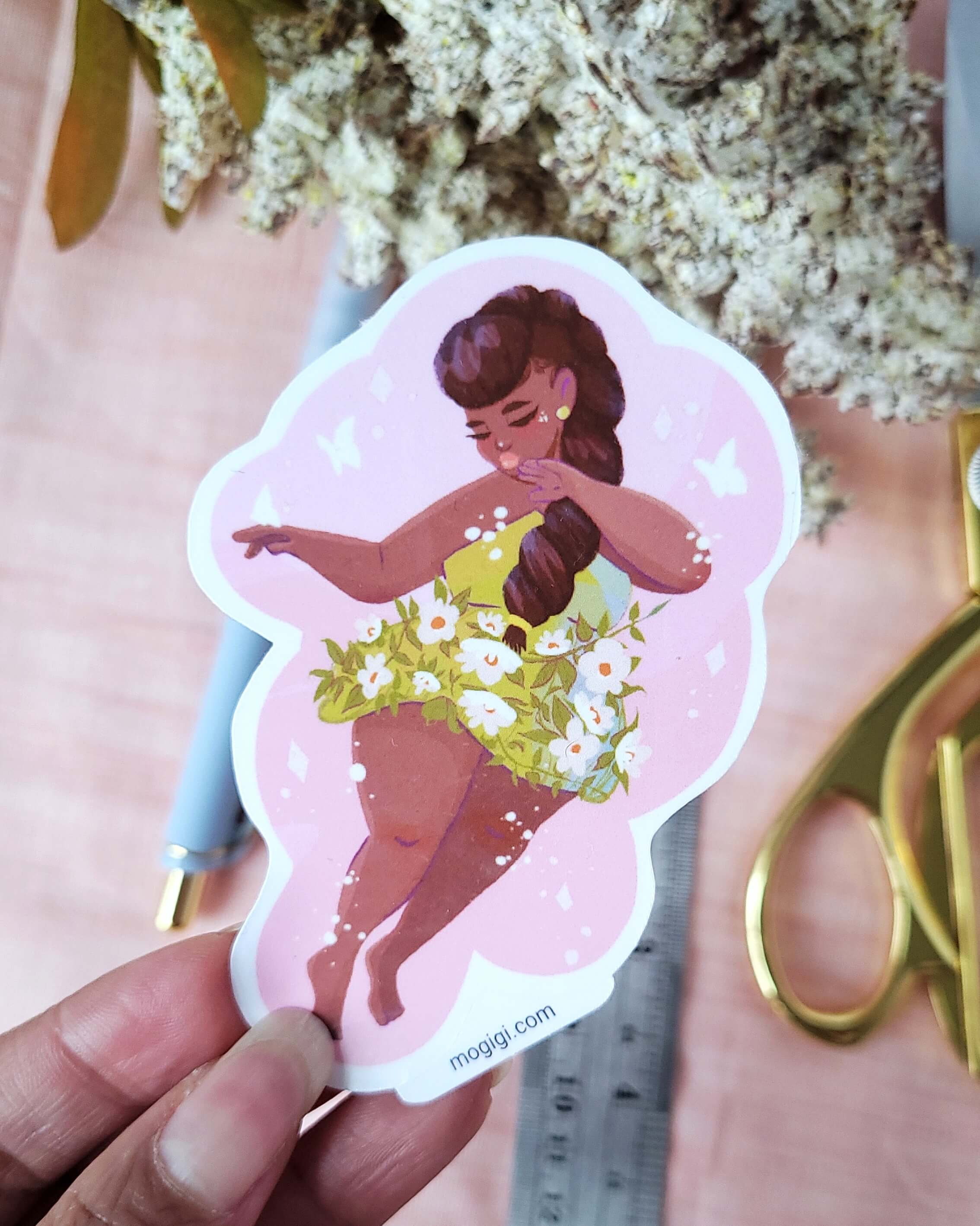 floral dress girl vinyl sticker, black woman art, african american natural hair art, flower decals to decorate your planner, journal, water bottle, notebook, laptop, phone case, and more. illustration by black female artist Gigi Moore, based in Virginia, shopify art store mogigi.shop, mogigi.com
