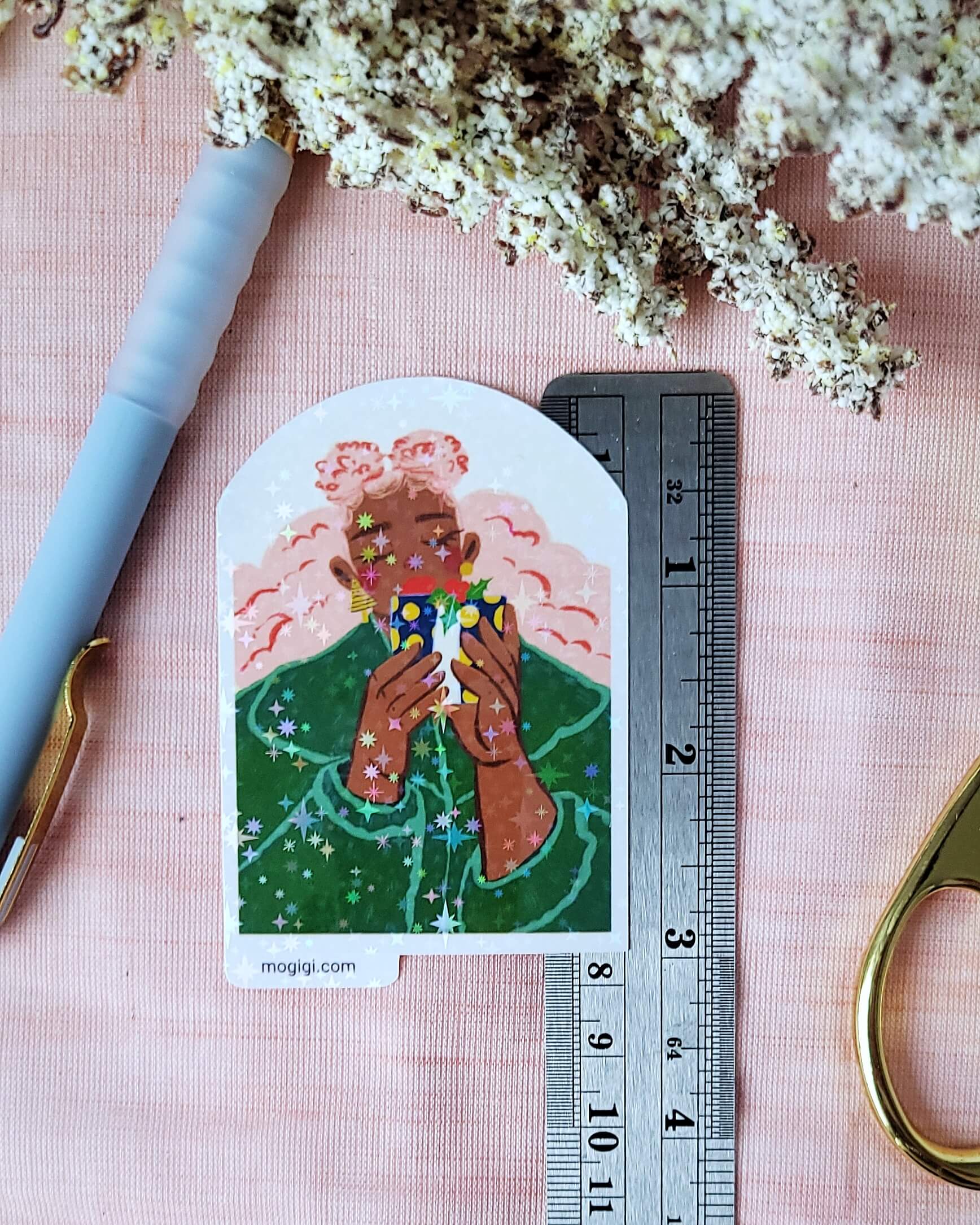 Gift For You Girl Sticker, MoGigi™ and Elyse Mountains Ski Lodge collaboration, black woman art, holographic waterproof vinyl sticker, illustrated by Virginia artist Gigi Moore. Fashion illustration, natural hair art, festive, present gift, last minute stocking stuffer