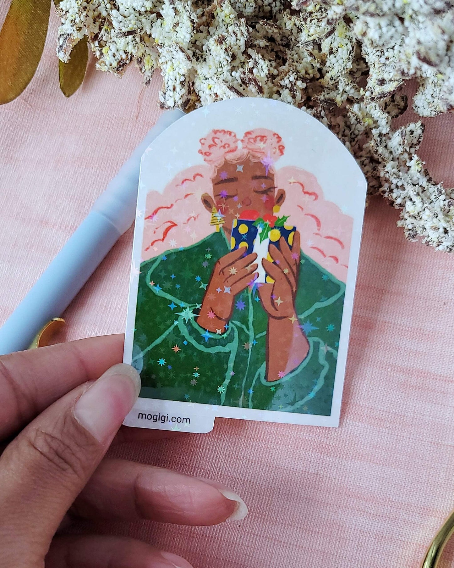 Gift For You Girl Sticker, MoGigi™ and Elyse Mountains Ski Lodge collaboration, black woman art, holographic waterproof vinyl sticker, illustrated by Virginia artist Gigi Moore.