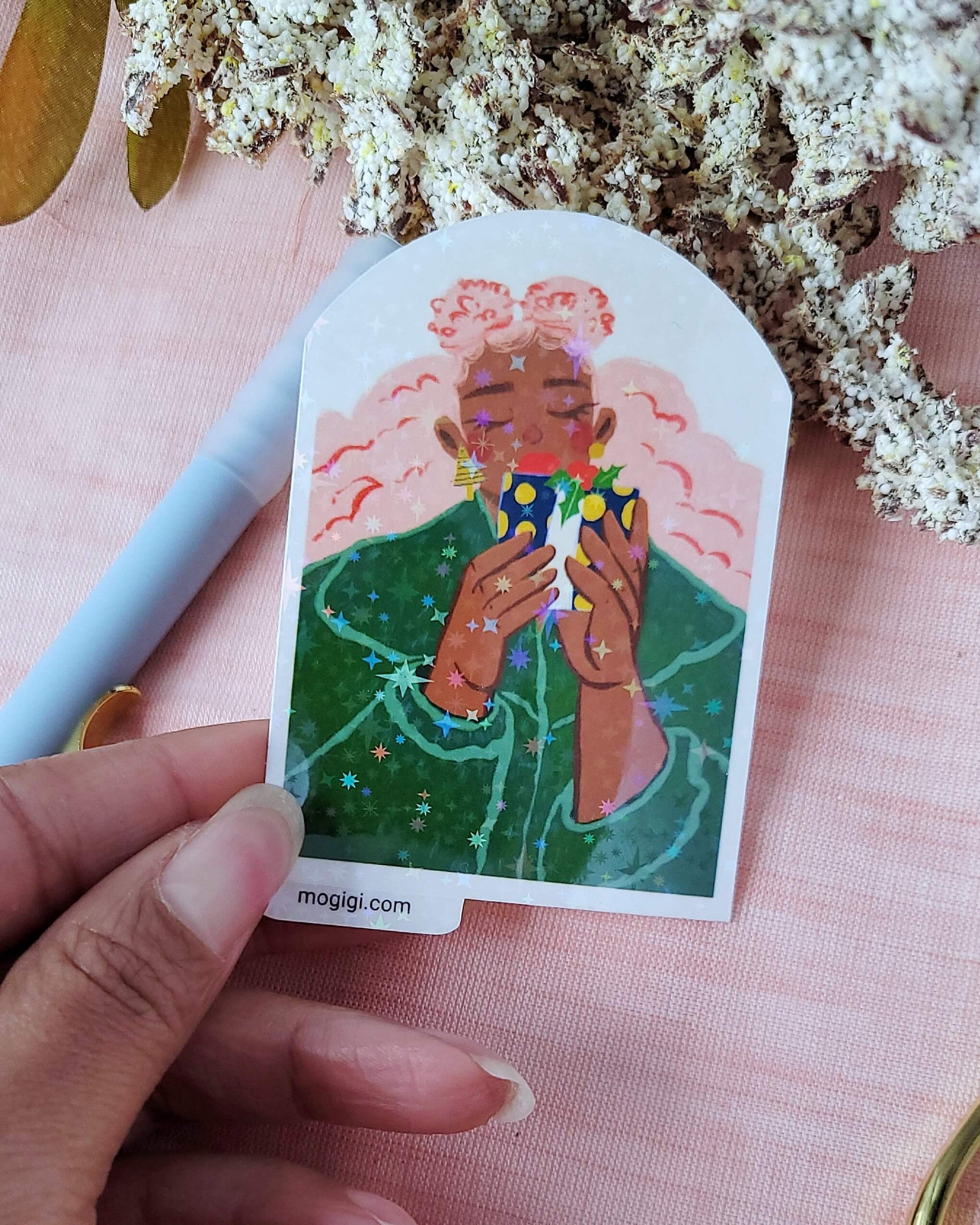 Gift For You Girl Sticker, MoGigi™ and Elyse Mountains Ski Lodge collaboration, black woman art, holographic waterproof vinyl sticker, illustrated by Virginia artist Gigi Moore.