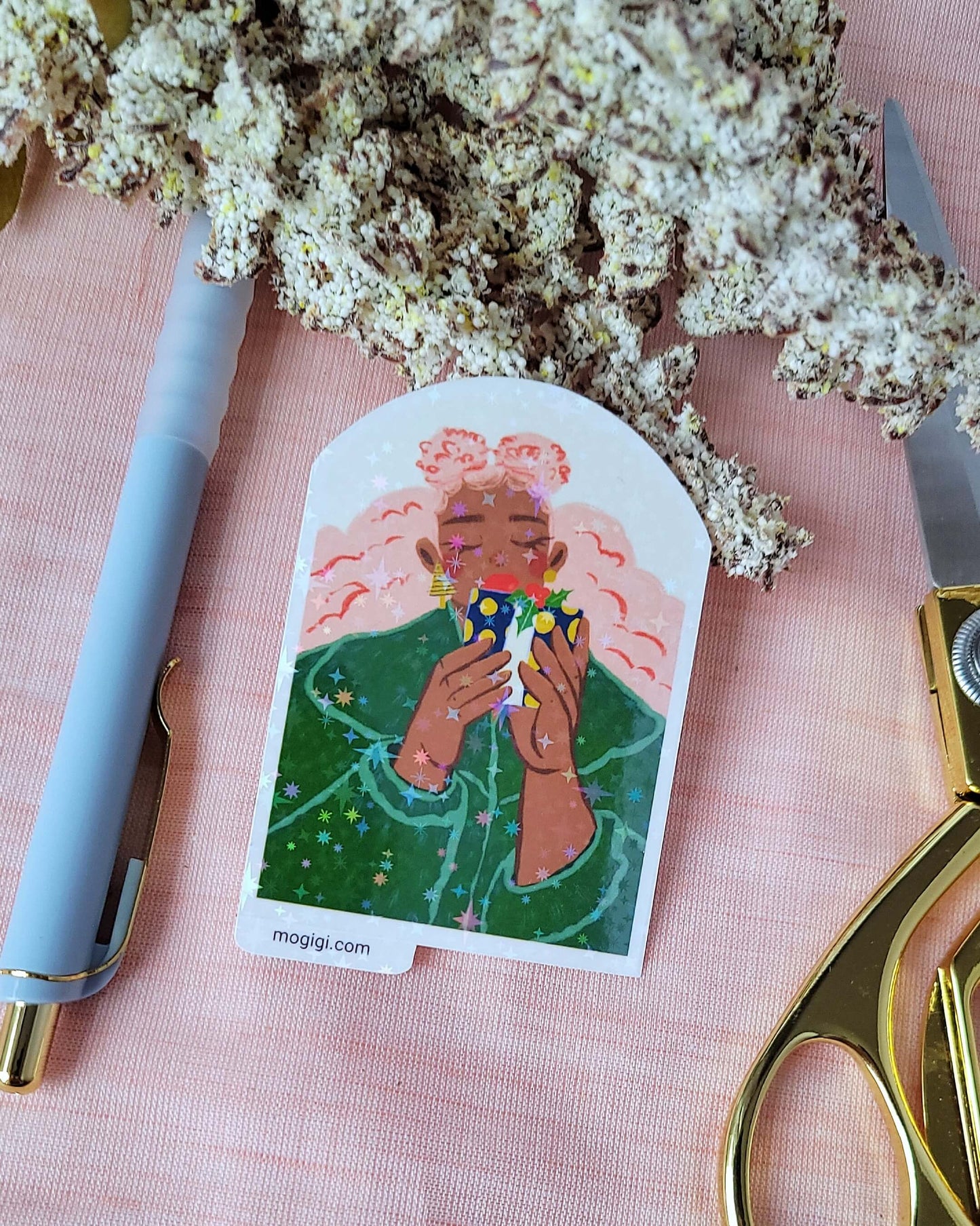 Gift For You Girl Sticker, MoGigi™ and Elyse Mountains Ski Lodge collaboration, black woman art, holographic waterproof vinyl sticker, illustrated by Virginia artist Gigi Moore.  custom vinyl holographic waterproof illustrated sticker decals to decorate my travel mug, notebook, planner, journal, laptop, phone case, and more. african american planner journal stickers, black luxury, pop art by black female artist, black owned small business