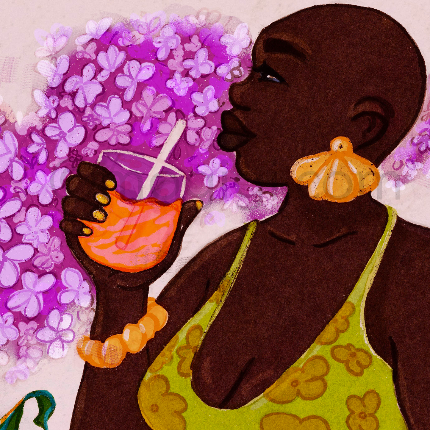 beautiful black woman in summer dress drinking pink lemonade with flowers in the background