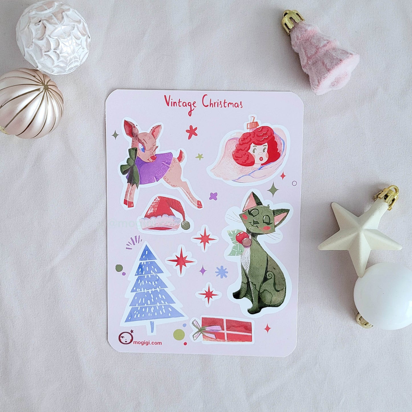 vintage Christmas vintage mid-century inspired ornaments. On white background with mini decorations. by MoGigi™. Reindeer, angel, santa claus, christmas tree, gift, cat.