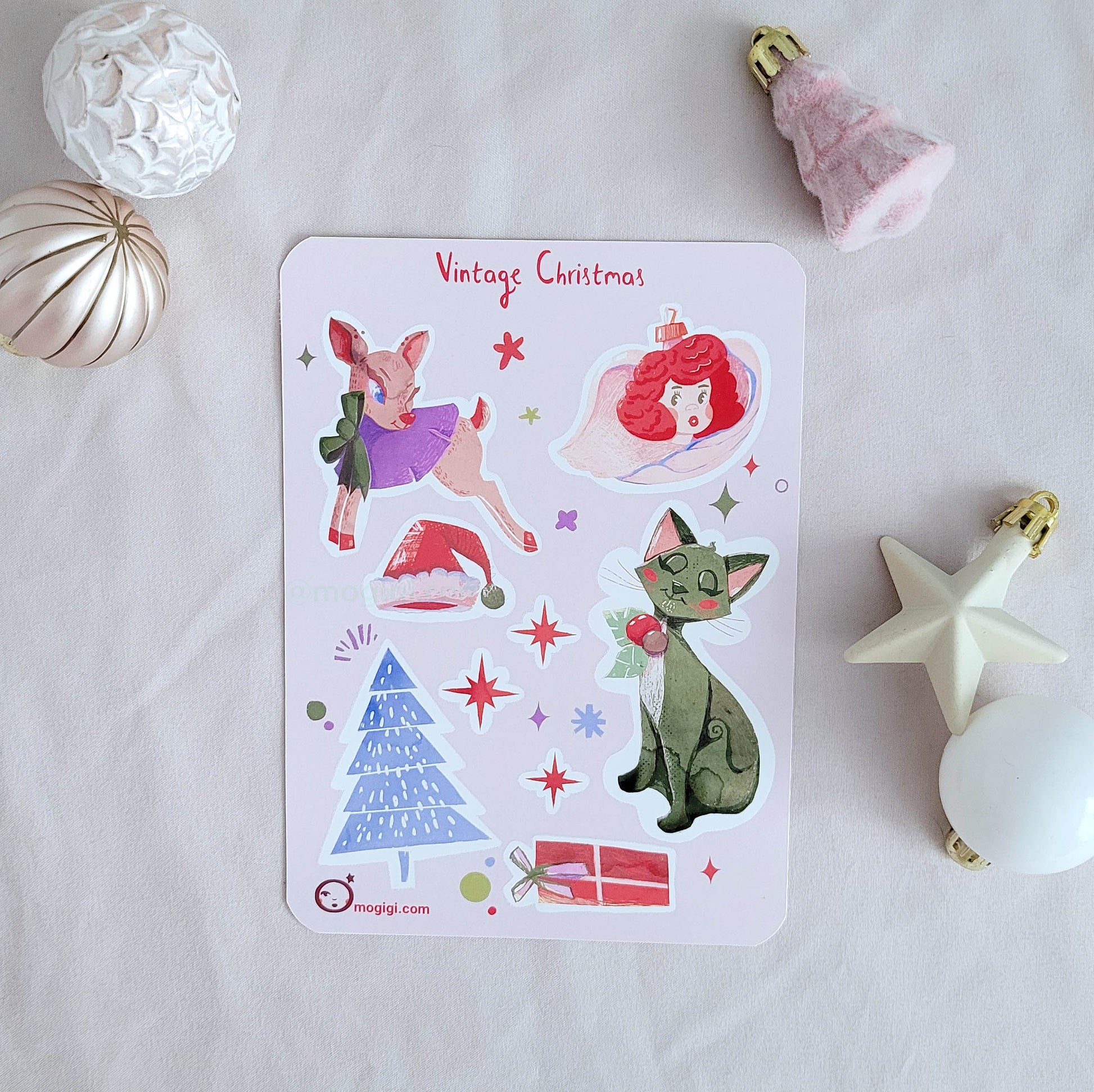 vintage Christmas vintage mid-century inspired ornaments. On white background with mini decorations. by MoGigi™. Reindeer, angel, santa claus, christmas tree, gift, cat.