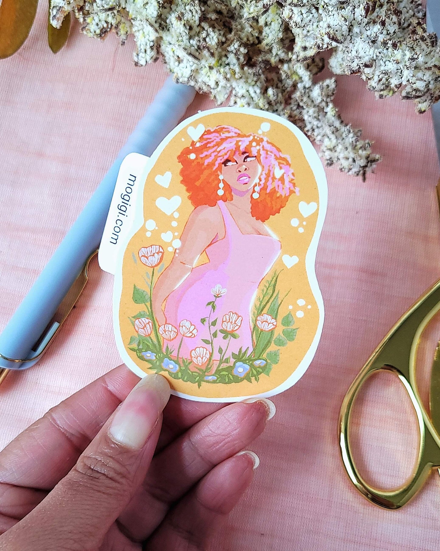 yellow garden girl sticker, black woman luxury, confident, bold, empowering black women, waterproof unique vinyl sticker. illustration by Virginia artist Gigi Moore. bright yellow, blue, green, flowers, floral garden