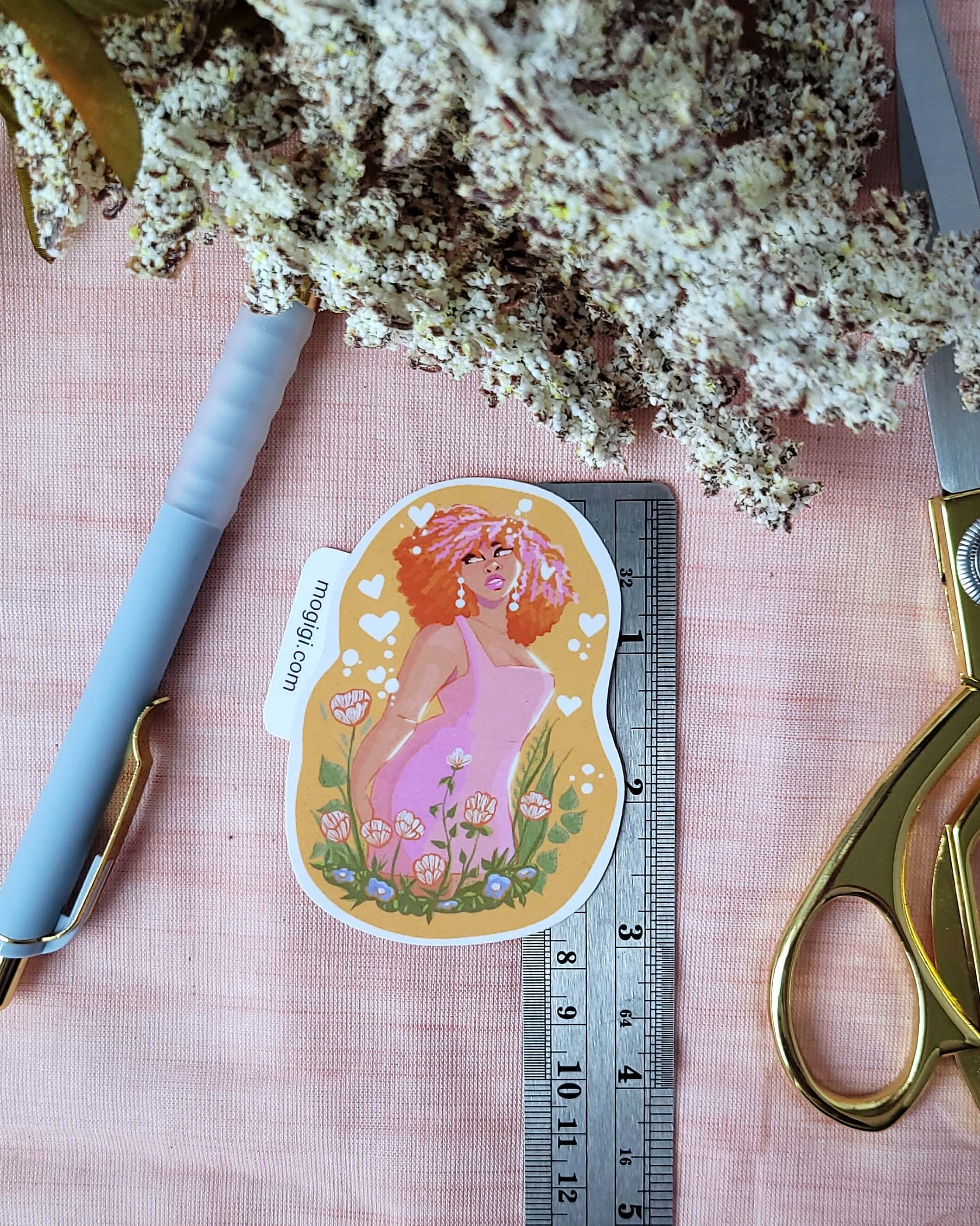 black girl magic art, african american afro natural hair art, unique custom vinyl waterproof decals, fashion illustration, pop art by black artist, Virginia illustrator Gigi Moore, owner of MoGigi, shopify art store, girly stickers for planner, journal, notebook, hydro flask, water bottle decorating