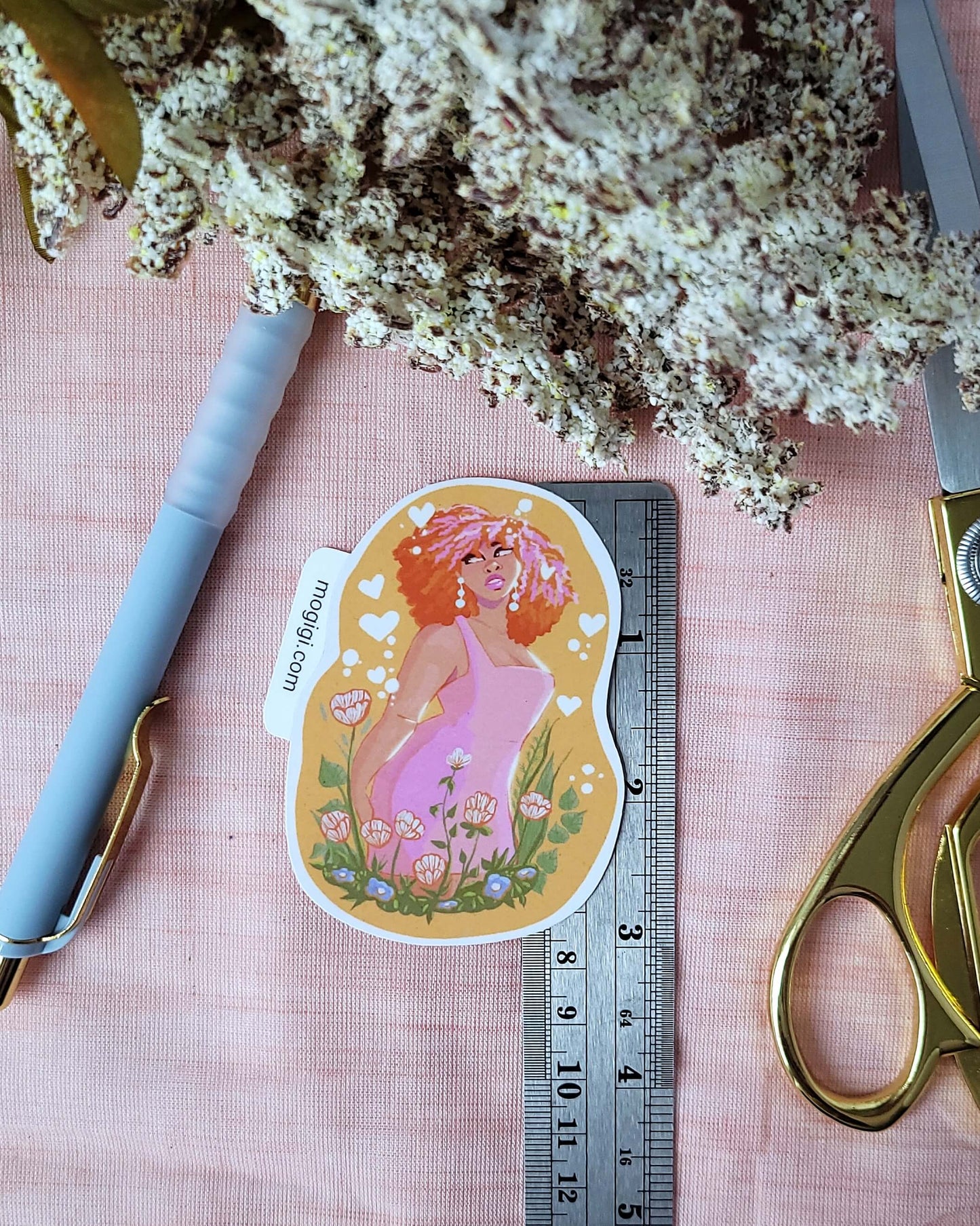 black girl magic art, african american afro natural hair art, unique custom vinyl waterproof decals, fashion illustration, pop art by black artist, Virginia illustrator Gigi Moore, owner of MoGigi, shopify art store, girly stickers for planner, journal, notebook, hydro flask, water bottle decorating