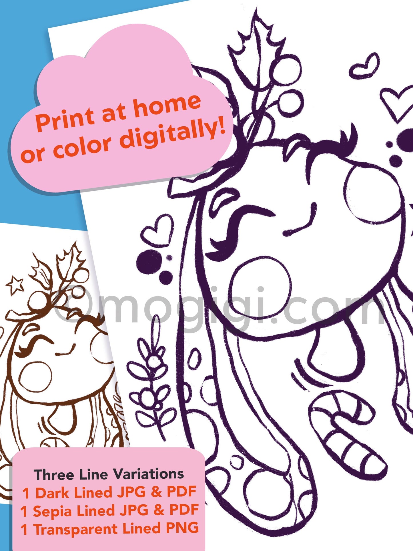 Holly Christmas Bunny Coloring Page - Digital Download