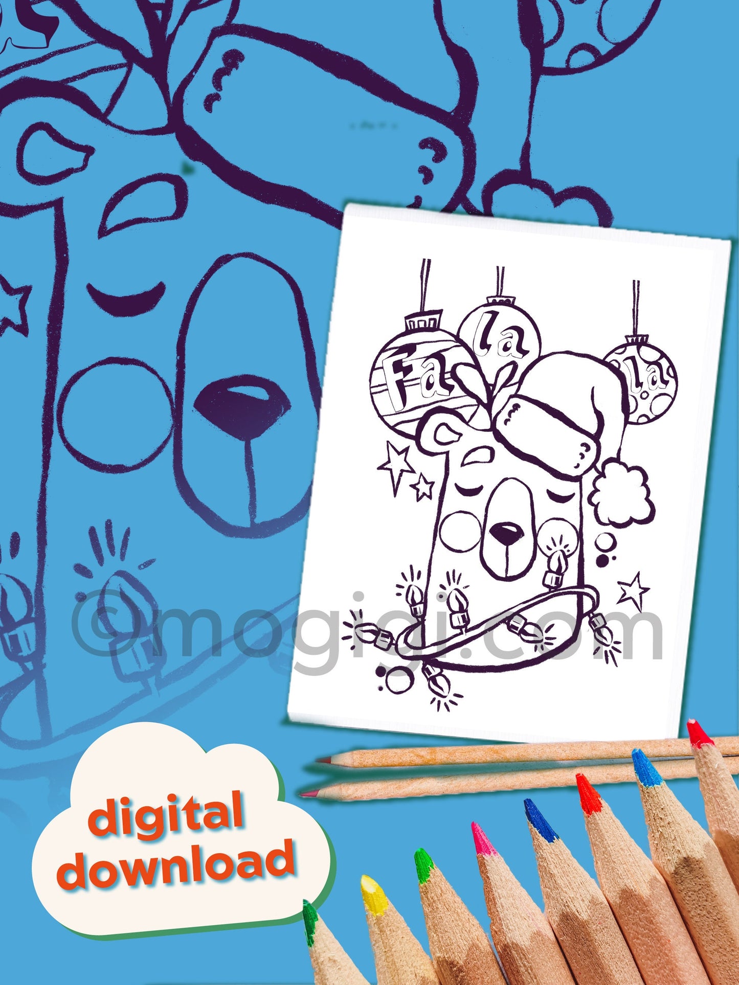 Fa La La Bear Christmas Coloring Page - Digital Download