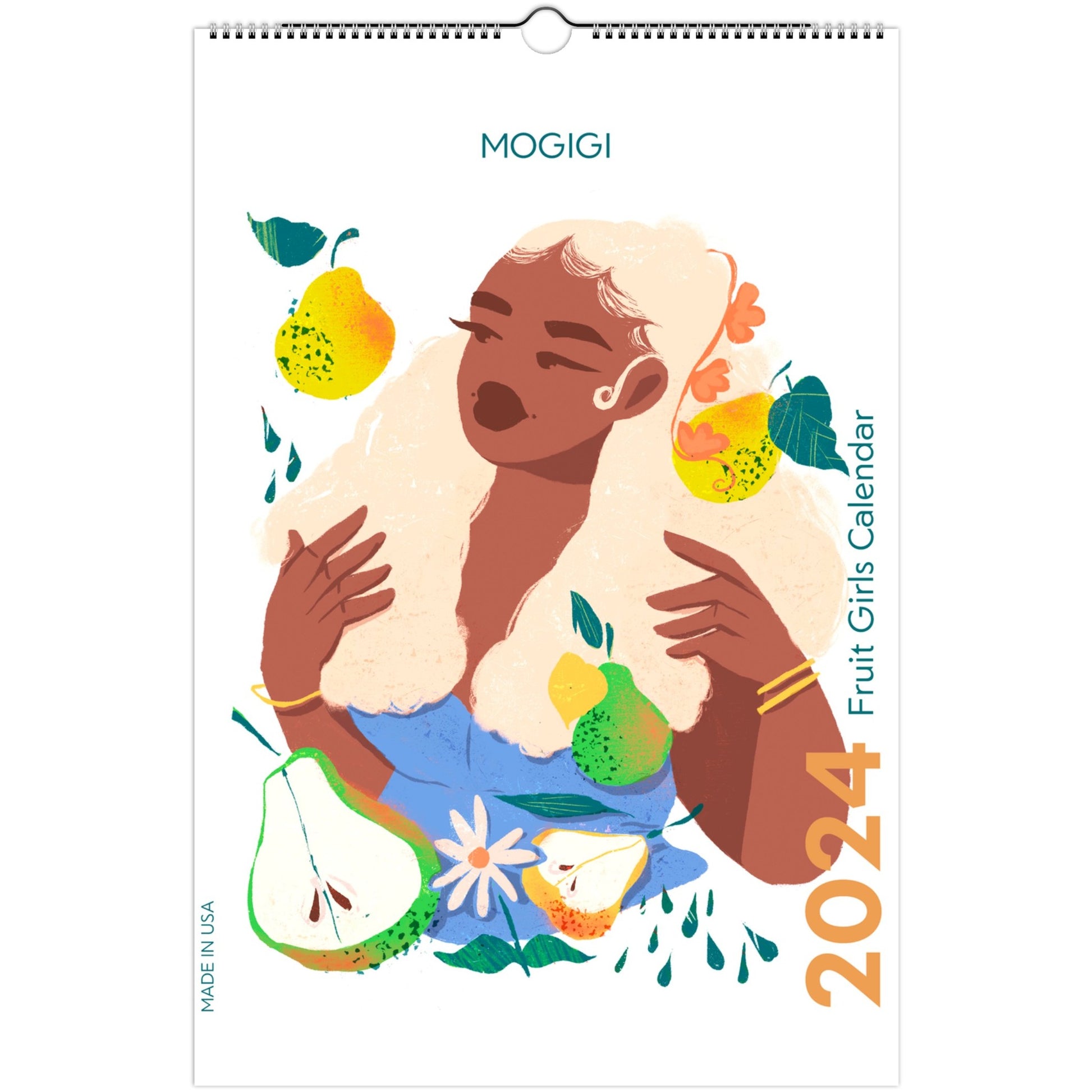 Mogigi 2024 fruit girls calendar, illustrated by virginia based artist gigi moore, mogigidsgns, mogigi shop, natural hair art, melanin, brown woman aesthetics