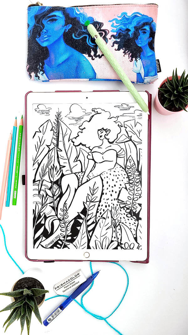 Amongst The Petals Woman Botanical Black Line Art Coloring Page Color on your iPad or Print at HomeMoGigi™