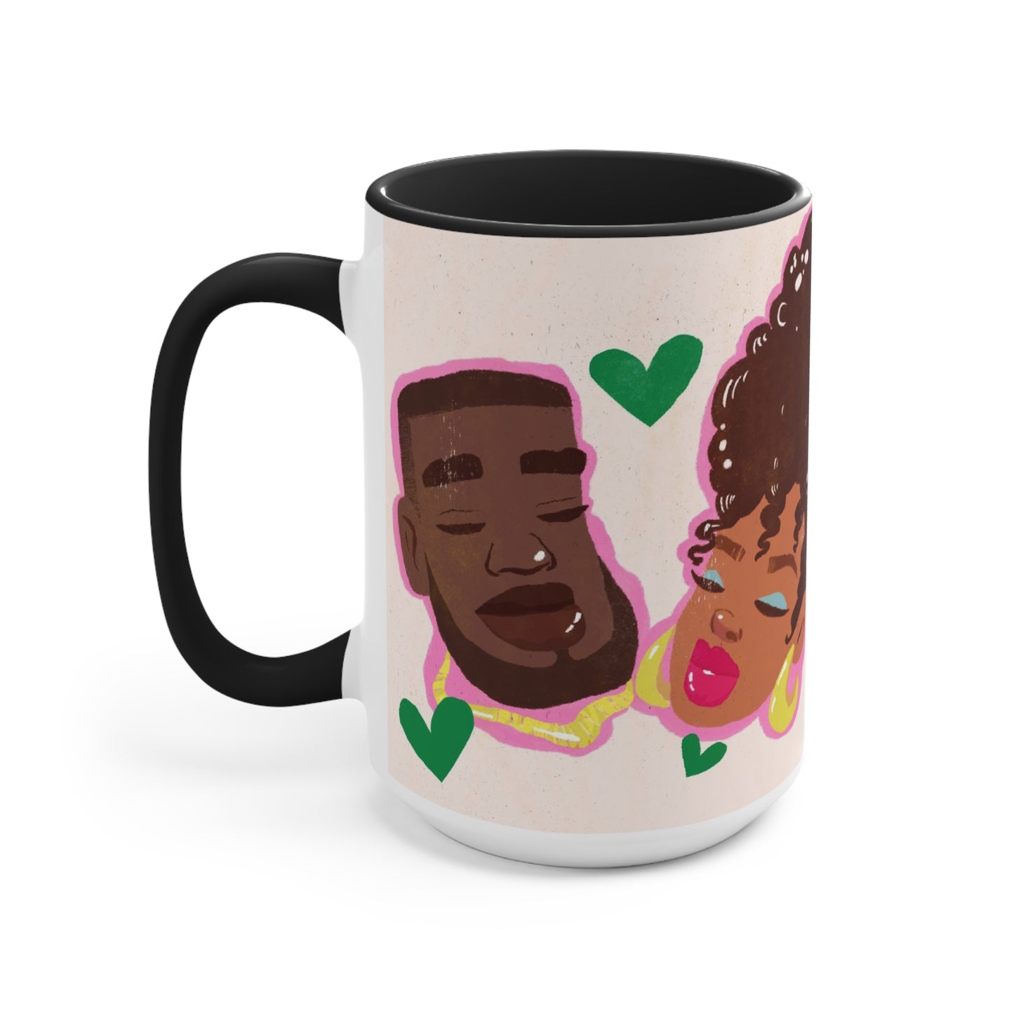 Afrocentric valentine’s or anniversary gift in a large 15oz two-tone black handle and interior ceramic mug. Featuring character art of a man and woman in a hip hop style in browns, pinks, and green on a soft cream textured background.