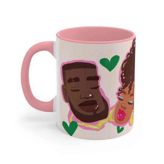 Two-tone ceramic large 11oz coffee mug with modern African American art in pinks and green.