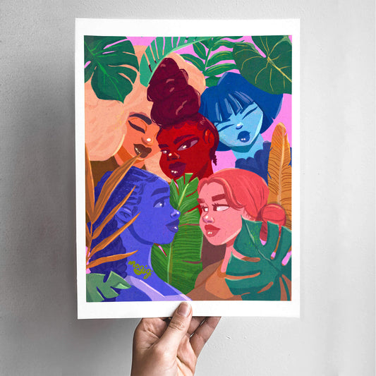 celebrate women of all colors in this vibrant rainbow colored art print feature a group of females and lush tropical plants on a hot pink background MoGigi™