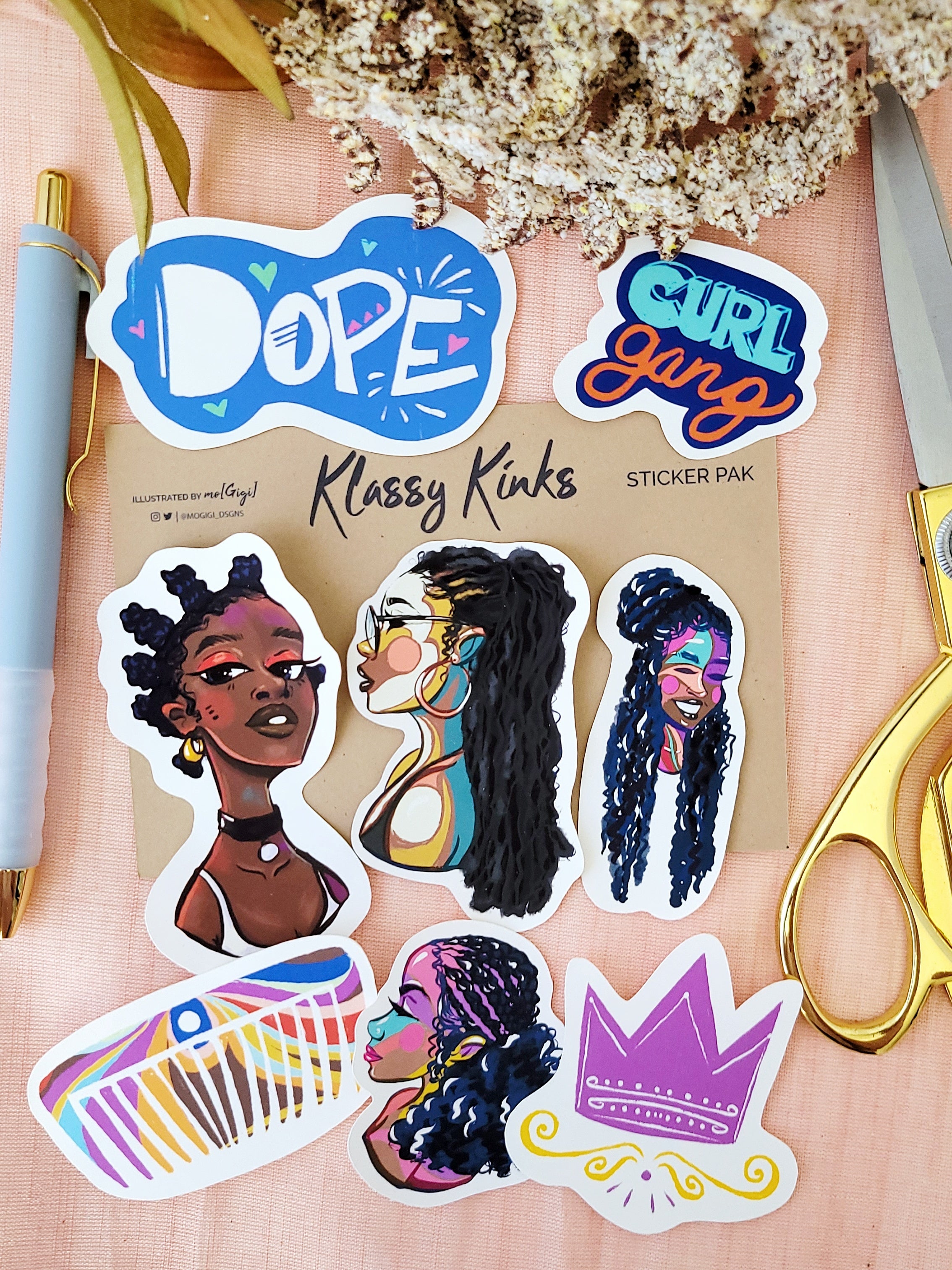 Black Women Sticker Pack, black girl magic, melanin queen, Classy Kinks Collection, Natural hair art, mogigi shop, Virginia based illustrator Gigi Moore