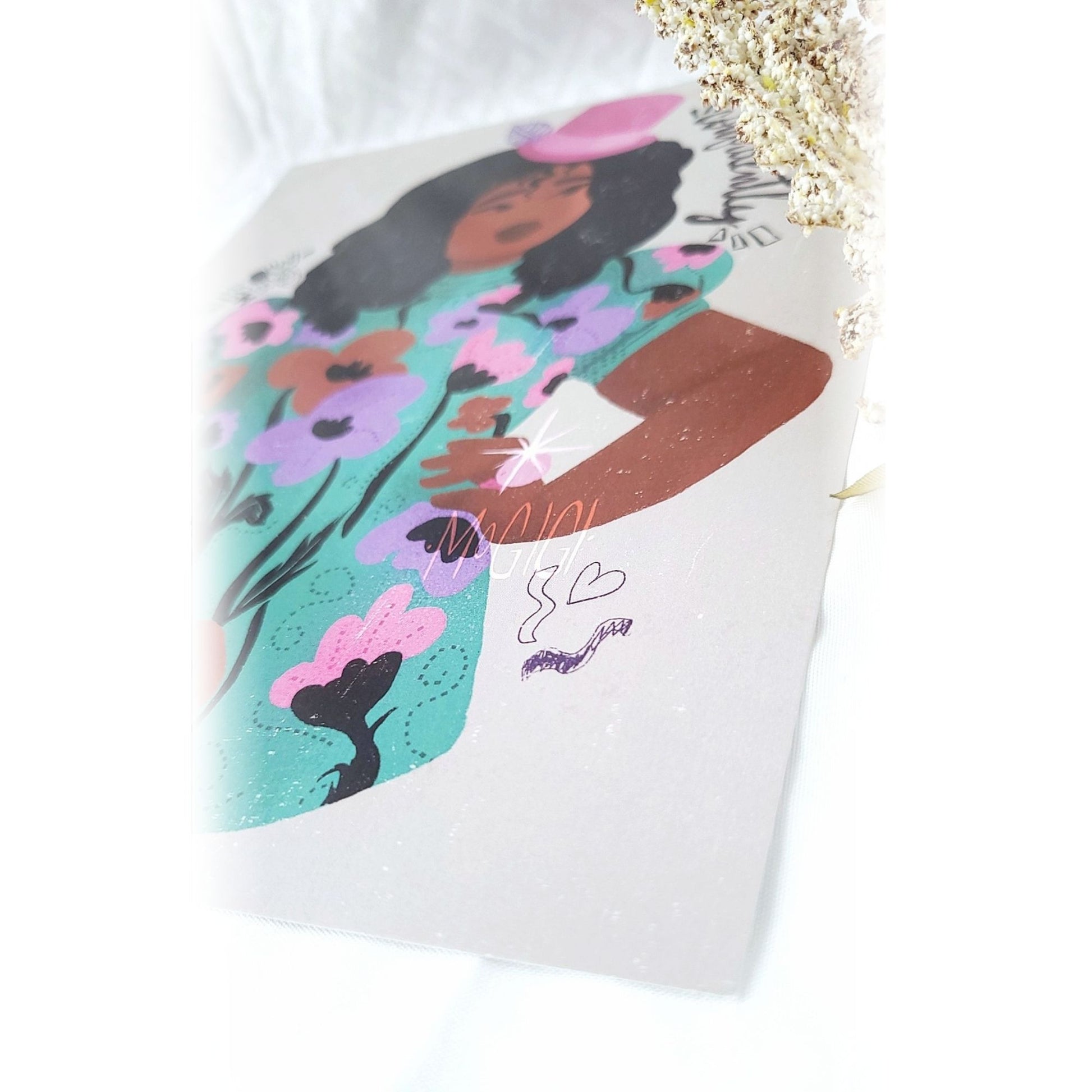 gift ideas for friends, style your home with art, unique wall prints, black woman character design, floral art, mogigi.shop, mogigi.com