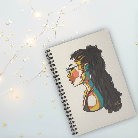Sage Black Woman Art minimal, abstract, African American natural hair locs art on spiral ruled lined notebook sitting on white background with white star string lights. Perfect journal, poems, shopping lists, school, office.
