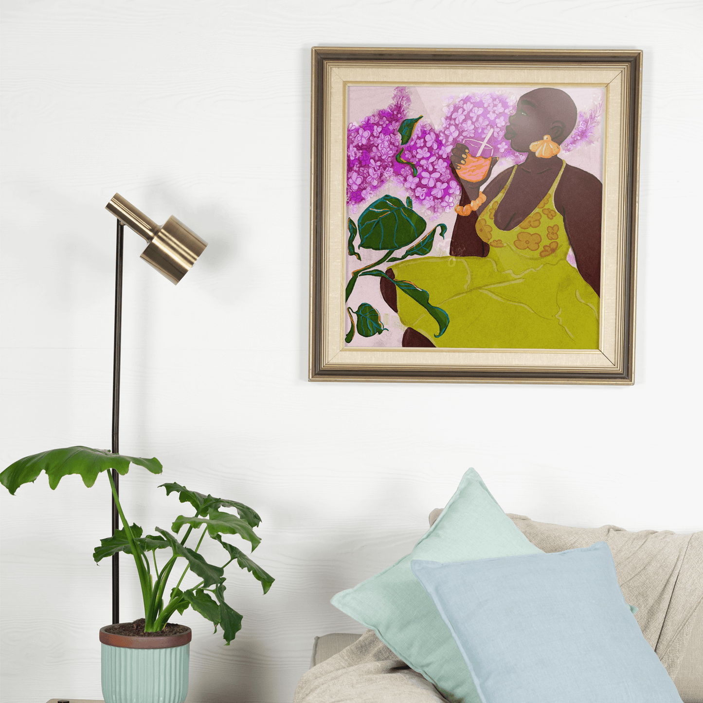 dress up your walls with this elegant natural black beauty. African American art print of woman in summery floral sundress against lavender flowers. MoGigi™