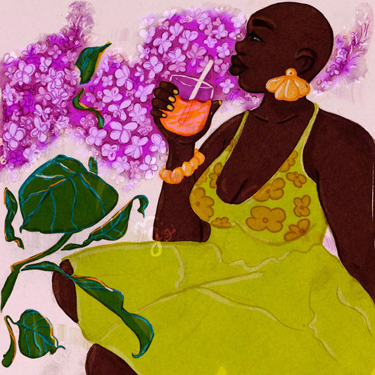 elegant natural black beauty. African American art print of woman in summery floral sundress against lavender flowers. MoGigi™