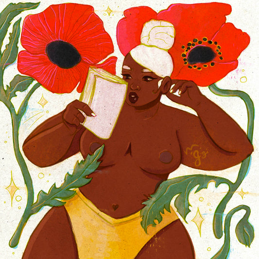 Poppy Reader - Botanical Curvy Black Woman Art Print