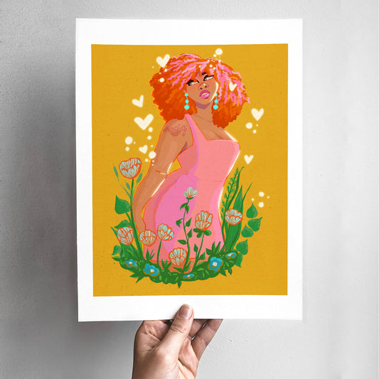 Yellow Garden Art Print of woman character with big curly red hair, pink summer dress, and standing in blue flowers, with hearts, on yellow background.