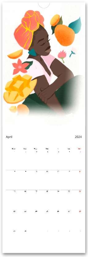 2024 MoGigi Fruit Girls Calendar Apr, illustrations by Gigi Moore, Virginia based illustrator, mogigi.shop, art store shopify