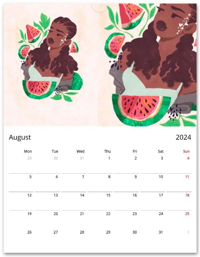 2024 MoGigi Fruit Girls Calendar Aug, illustrations by Gigi Moore, Virginia based illustrator, mogigi.shop, art store shopify