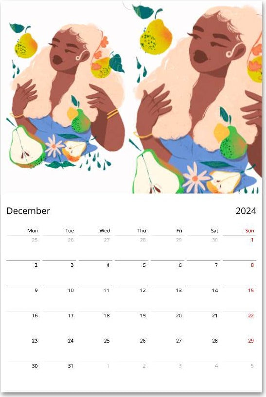 2024 MoGigi Fruit Girls Calendar December, illustrations by Gigi Moore, Virginia based illustrator, mogigi.shop, art store shopify