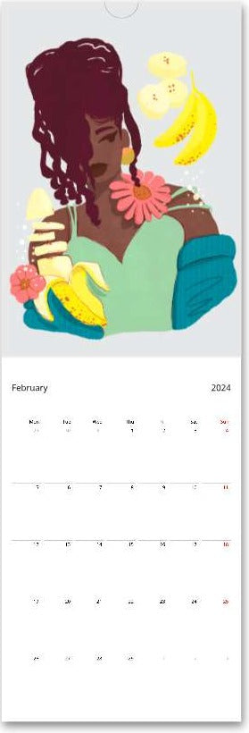 2024 MoGigi Fruit Girls Calendar February, illustrations by Gigi Moore, Virginia based illustrator, mogigi.shop, art store shopify
