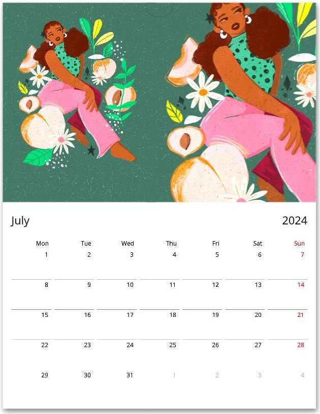 2024 MoGigi Fruit Girls Calendar July, illustrations by Gigi Moore, Virginia based illustrator, mogigi.shop, art store shopify