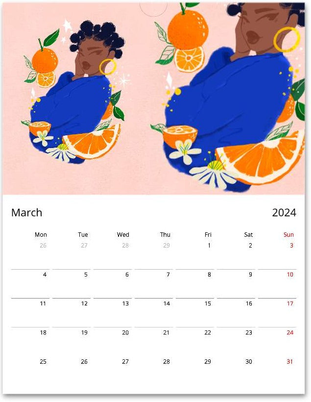 2024 MoGigi Fruit Girls Calendar March, illustrations by Gigi Moore, Virginia based illustrator, mogigi.shop, art store shopify