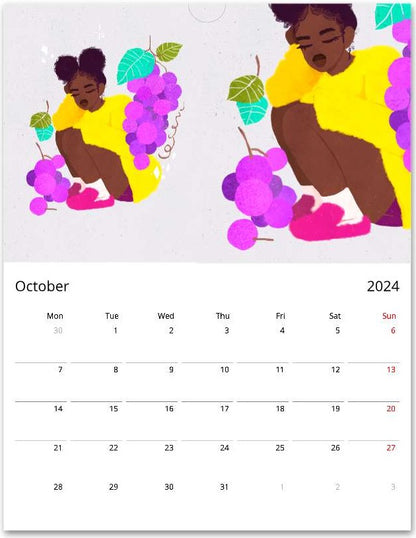 2024 MoGigi Fruit Girls Calendar October, illustrations by Gigi Moore, Virginia based illustrator, mogigi.shop, art store shopify