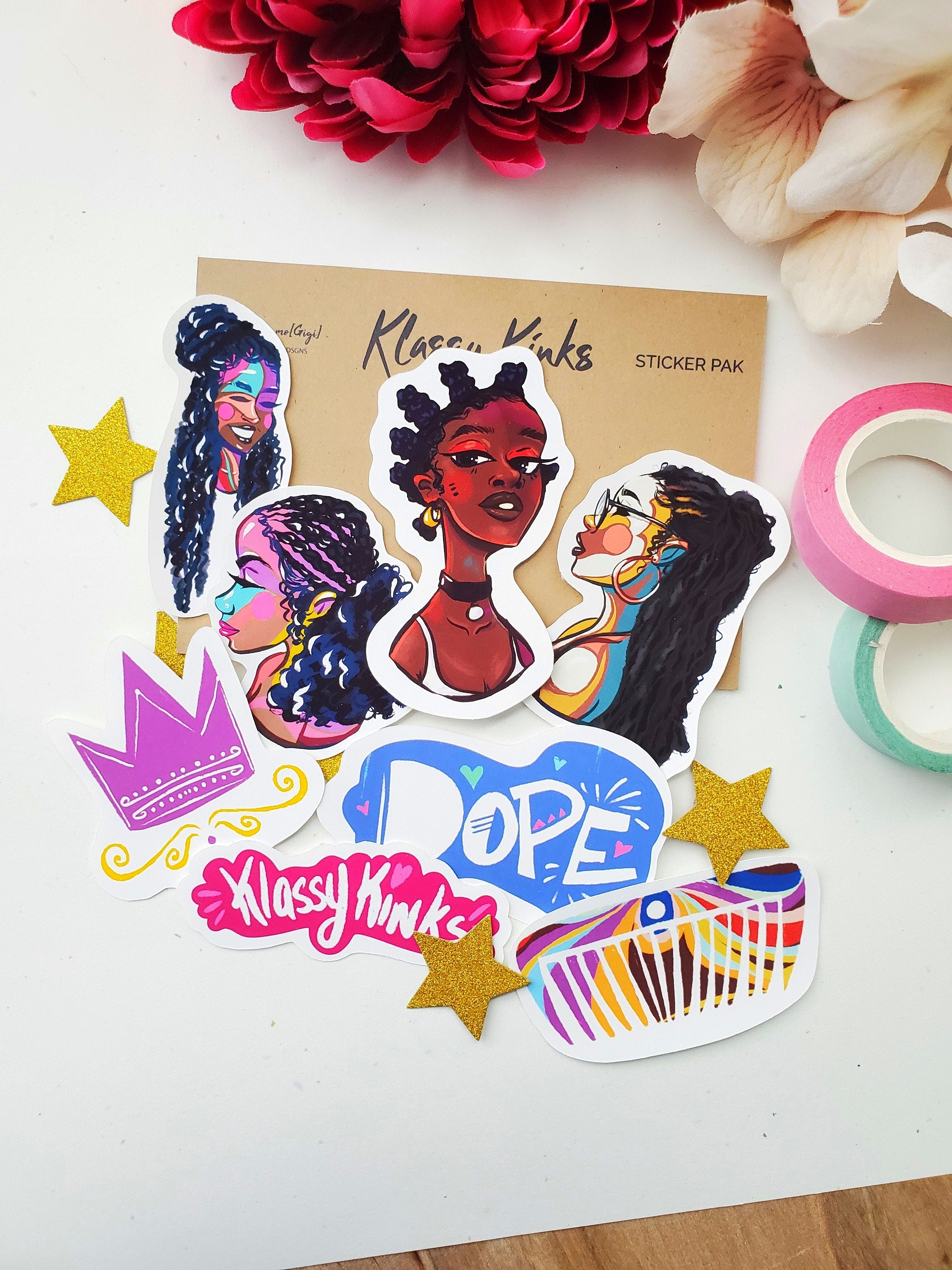 MoGigi Classy Kinks Collection featuring black melanin women in our bestselling sticker pack! Celebrating the diverse beauty of African American queens in art. Add touches of unique art to your journal, notebook, laptop, phone case, and beyond,black artist Gigi Moore of mogigidsgns, mogigi, shop art from local small business