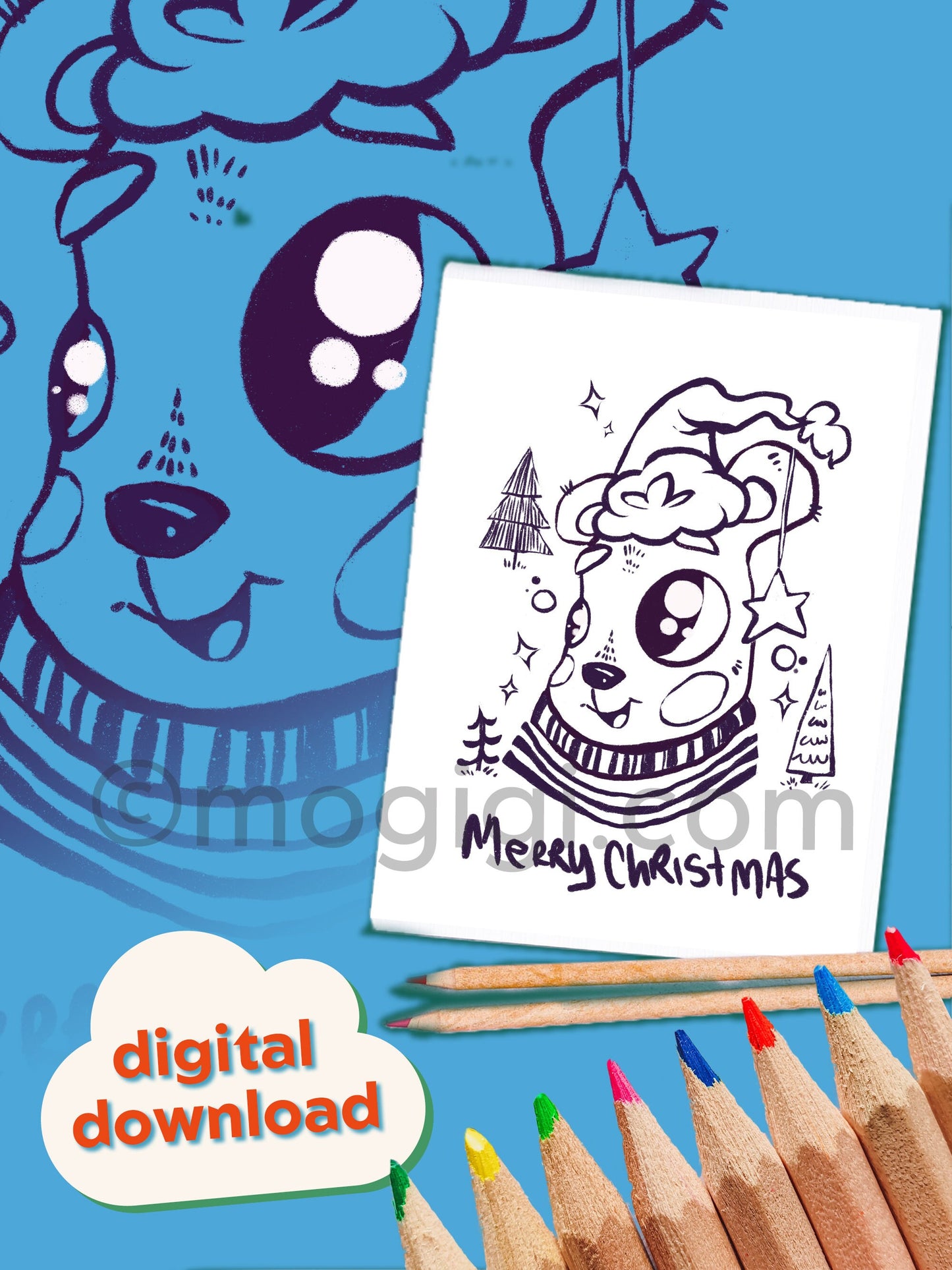 Merry Christmas Bear Coloring Page - Digital Download
